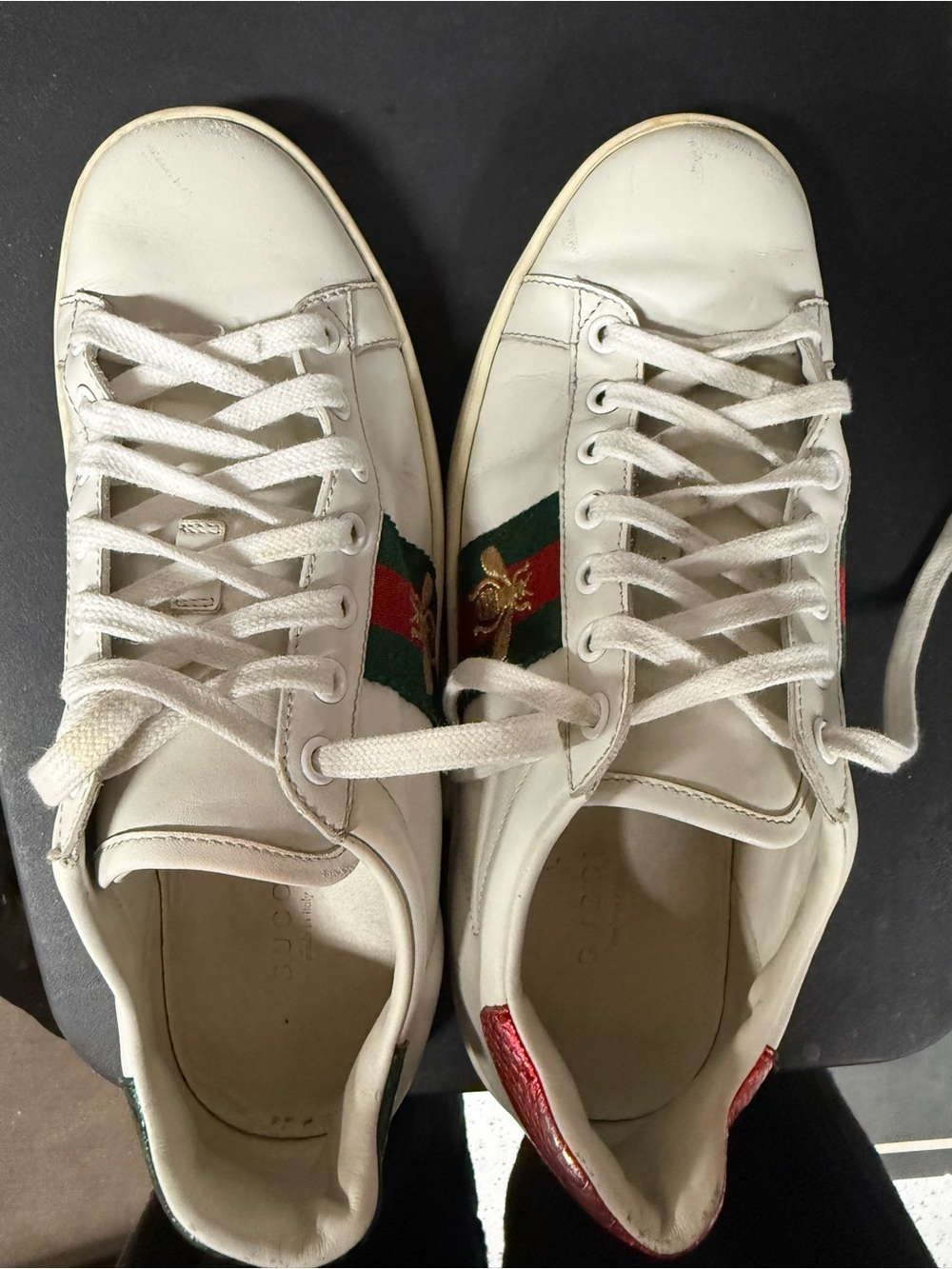 Authentic Gucci White Leather Sneakers with Green and Red Stripe